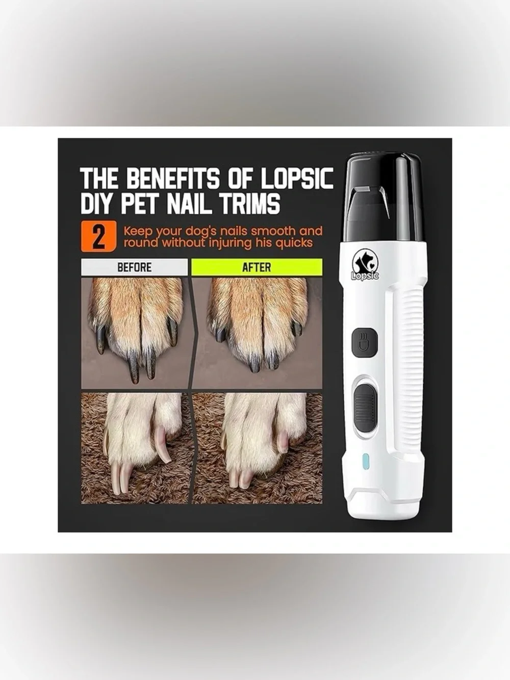 LOPSIC Dog Nail Grinder with 2 LED Lights, 2-Speed Trimmers and Clipper Kit